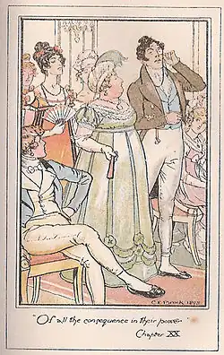 Illustration for Persuasion, Jane Austen's last novel, chapter 20. Sir Walter Elliot takes great pride in showing off on Lady Dalrymple's arm as he enters the concert hall. His daughter, Elizabeth, gloats.
