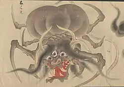 35 Tsuchigumo (土ぐも) means "ground spider." It is also commonly referred to as yatsukahagi or ōgumo (giant spider). Its habitat is rural areas, mountains, forests, and caves, but they are found to live everywhere. Tsuchigumo make homes out of silk tubes from which they attack their prey. The diet of tsuchigumo includes humans, animals, and anything that it can trap.[91] Some tsuchigumo are depicted as spiders with the face of a demon and the body of a tiger.[92] Historically, "tsuchigumo" was used as a derogatory word in Japanese for renegade local clans. In ancient Japan, aborigines who defied central authority were referred to as "tsuchigumo." They are commonly identified as people with different customs, manners, and physiological features from the general population. Therefore, using this definition, they are one of the most ancient types of oni (demon).[93]
