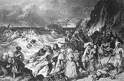 A Scene depicting a storm at sea in the Kerlouan, Quimper area. This work can be seen in the Musée départemental Breton.