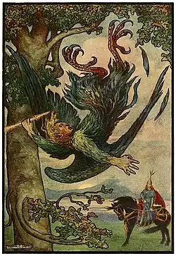 Nightingale the Robber fell from his nest in the old oaks. Illustration for Russian Fairy Book (1916)