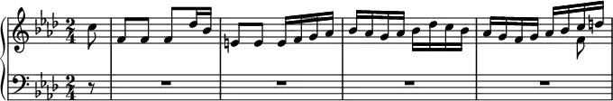 
\new PianoStaff <<
 \new Staff \relative c'' {
  \set Score.tempoHideNote = ##t
  \tempo 4 = 88
  \key f \minor \time 2/4
  \partial 8 c8 |
  f,8 f f des'16 bes |
  e,8 e e16 f g as |
  bes16 as g as bes des c bes |
  as16 g f g << { as16 bes c d } \\ { s8 f, } >> |
 }
 \new Staff {
  \key f \minor \clef bass
  r8 | R1*2/4*4 |
 }
>>
