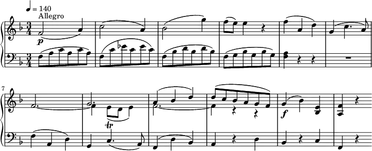 
\header { tagline = ##f }
upper= \relative c' {
  \clef treble
  \key f \major
  \time 3/4
  \tempo 4 = 140
  \set Staff.midiInstrument = #"piano"
    f2\p^\markup { Allegro } (a4)
    c2 (a4)
    bes2 (g'4)
    f8 (e) e4 r4
    f4 (a, d)
    g, (c4. a8)
     << {s2. g2.} \\ { \stemUp f2.~ \stemDown f4 e8\trill (d e4)} >> % attention les liaisons de tenues sont avec ~, celle de phrasé avec ()
    <<{a4^(bes d) d8 (c bes a g f)} \\ { f2.~ f4 r4 r4 } >> % même problème liaison = ~ ; phrasé = ()
    g4\f (bes) <bes, e>
    <a f'> r4
  }
lower=\relative c { \set Staff.midiMaximumVolume = #0.7
    \clef bass
    \key f \major
    \numericTimeSignature
    \time 3/4
    f8 (a c a c a)
    f8 (c' ees c ees c)
    f,8 (bes d bes d bes)
    f8 (g bes g bes g)
    <f a>4 r4 r4
    R2.
    f4 (a, d)
    g, c4. (a8)
    f4 (d' bes)
    a4 r4 d
    bes r4
    c f, r4
  }
\score {
       \new PianoStaff
       <<
         \new Staff = "upper" \upper
         \new Staff = "lower" \lower
       >>
\layout { indent = 0 }
\midi { } }
