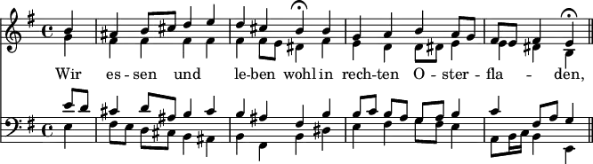 
<< <<
\new Staff { \clef treble \time 4/4 \partial 4 \key e \minor \set Staff.midiInstrument = "choir aahs" \relative c''
  << {
  \set Score.tempoHideNote = ##t
  b4 | ais b8 cis d4 e | d4 cis b\fermata
  b | g a b a8 g | fis e fis4 e\fermata \bar "||" \break } \\
  { g4 | fis fis fis fis | fis fis8 e dis4
  fis | e d d8 dis e4 | e dis b }
  >>
}
\new Lyrics \lyricmode {
Wir4 es -- sen und2 le4 -- ben wohl
in rech -- ten O -- ster -- fla2 -- den,4
}
\new Staff { \clef bass \key e \minor \set Staff.midiInstrument = "choir aahs" \relative c'
  << { e8 d | cis4 d8 ais b4 cis | b ais fis
  b | b8[ c] b[ a] g[ a] b4 | c fis,8 a g4 } \\
  { e4 | fis8[ e] d[ cis] b4 ais | b fis b
   dis | e fis g8 fis e4 | a,8 b16 c b4 e, }
  >>
}
>> >>
\layout { indent = #0 }
\midi { \tempo 4 = 80 }
