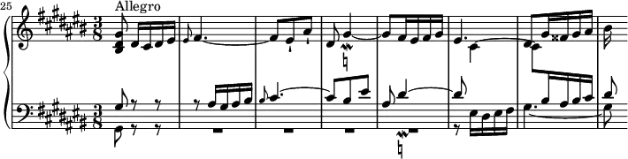 
\version "2.18.2"
\header {
  tagline = ##f
}

Mordaesq = { \tag #'print { gis4~_\mordent_\markup { \natural } } \tag #'midi { gis32 fis gis16~ gis8~ }  }
Mordeesq = { \tag #'print { dis4~_\mordent_\markup { \natural } } \tag #'midi { dis32 cis dis16~ dis8~ }  }

upper = \relative c'' {
  \clef treble 
  \key cis \major
  \time 3/8
  \tempo 8 = 152
  \set Staff.midiInstrument = #"harpsichord" 
  %\context Score \applyContext #(set-bar-number-visibility 2)
  \set Score.currentBarNumber = #25
  \bar ""
   %% PRÉLUDE CBT II-3, BWV 872, ut-dièse majeur
   \bar "||"
   < gis dis bis >8^\markup{Allegro} dis16[ cis dis \tempo 8 = 120 eis] \tempo 8 = 40 \grace eis8 \tempo 8 = 152 fis4.~ fis8 eis-! ais-! dis,8 \Mordaesq gis8 fis16 eis fis gis eis4. dis8 gis16 fisis gis ais bis
}

lower = \relative c {
  \clef bass 
  \key cis \major
  \time 3/8
  \set Staff.midiInstrument = #"harpsichord" 
    
   << { gis'8 r8 r8 | r8 ais16 gis ais \tempo 8 = 120 bis \tempo 8 = 40 \grace bis8 \tempo 8 = 152 cis4.~ cis8 bis eis ais, \Mordeesq dis8 \stemDown \change Staff = "upper" cis4~ cis8 \change Staff = "lower" \stemUp bis16 ais bis cis dis8 } \\ { gis,,8 r8 r8 R4.*4 r8 eis'16 dis eis fis gis4.~ gis8 } >>
    
}

 thePianoStaff = \new PianoStaff <<
    \set PianoStaff.instrumentName = #""
    \new Staff = "upper" \upper
    \new Staff = "lower" \lower
  >>

\score {
  \keepWithTag #'print \thePianoStaff
  \layout {
    \context {
      \Score
      \remove "Metronome_mark_engraver"
    }
  }
}

\score {
  \keepWithTag #'midi \thePianoStaff
  \midi { }
}
