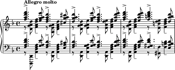 
\layout {
 #(layout-set-staff-size 16)
}
\relative c'' {
 \new PianoStaff <<
  \new Staff {
   \key d \minor
   <<
    { <f a d f>4.^\markup{\bold{Allegro molto}}-> <e g a e'>8
    <d f a d>4.-> <cis g' a cis>8
    <d g a d>4.-> <e g a e'>8
    <d f a d>4.-> <e a d e>8
    <f a d f>4.-> <e a d e>8
    <f b d f>4.-> <d a' b d>8 }
    \\
    { r8 <d, g a d> <f a d f>4--
    r8 <a, e' g a> <d f a d>4--
    r8 <d g a d> <e g a e'>4--
    r8 <e a d e> <f a d f>4--
    r8 <d g a d> <f a d f>4--
    r8 <e b' d e> <f b d f>4-- }
   >>
  }
  \new Staff {
   \key f \major
   \clef bass
   <<
    { <f, a d f>4.-> <g a e'>8
    <f a d>4.-> <e a cis>8
    <f a d>4.-> <g a e'>8
    <f a d>4.-> <g a d e>8
    <f a d f>4.-> <f a d e>8
    <f gis d' f>4.-> <e a b d>8 }
    \\
    { r8 <d,, d'> <a'' d f a>4--
    r8 <d, a'> <a' d f a>4--
    r8 <d, a'> <a' e' g a>4--
    r8 <d, a'> <a' d f a>4--
    r8 <d, a'> <a' d f a>4--
    r8 <gis f'> <f' b d>4-- }
   >>
  }
 >>
}
