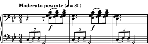  { \new PianoStaff << \new Staff \relative c' { \clef bass \key g \minor \time 3/4 \tempo "Moderato pesante" 4 = 80 r4 r8 <c a g ees>(\f <d bes g f>) <d bes g f>-- | <g, d>4. <c a g ees>8(\f <d bes g f>) <d bes g f>-- | <g, f d>4. s } \new Staff \relative c { \clef bass \key g \minor \time 3/4 \times 2/3 { c8( d) d-- } g,2 | \times 2/3 { c8( d) d-- } g,2 | \times 2/3 { c8( d) d-- } g,2 } >> } 