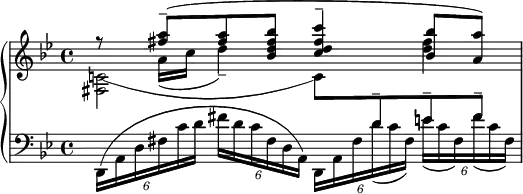 {
\new PianoStaff
<<
\new Staff
{
\clef treble
\time 4/4
\key g\minor
<<
{
r8 <a'' fis''>8-- ( <a'' fis''> <bes'' fis'' d'' bes'> <c''' fis'' d'' c''>4-- <bes'' bes'>8 <a'' a'> )
}
\\
{
\once \override Tie #'control-points = #'((1 . -3.5) (11 . -7) (21 . -7) (31 . -3.5))
<c'!~ fis>2 c'8 \change Staff="LeftHand" \stemUp d'^- e'^- fis'^-
}
\\
{}
\\
{
s8 a'16 ( c'' d''4--) s <fis'' d''>4
}
>>
}
\new Staff = "LeftHand"
{
\clef bass
\key g\minor
\times 4/6 {d,16 ( a, d fis c' d' } \times 4/6 {fis' d' c' fis d a,) } \slurDown \times 4/6 {d, a, fis d' ( c' fis ) } \times 4/6 {e' ( c' fis ) fis' ( c' fis ) }
}
>>
}