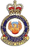Crest of 79 Squadron, Royal Australian Air Force, featuring a phoenix and the motto "Born for Action"