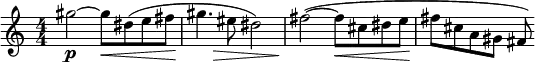 \relative c''' {
\set Score.tempoHideNote = ##t
\numericTimeSignature
\tempo 4 = 126
\set Staff.midiInstrument = #"alto sax"
gis2\p ~ gis8\< dis (e fis gis4.\!
\once \override Hairpin.shorten-pair = #'(-2 . 0)
\> eis8 dis2) fis2 \! ~ (fis8 \< cis dis e fis\! cis a gis fis)
}