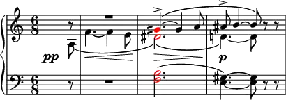 {
\new PianoStaff <<
\new Staff <<
\new Voice \relative c'' {
\clef treble \key a \minor \time 6/8
\voiceOne \partial8 b8\rest R2. \once \override NoteHead.color = #red gis4.->(~ gis4 a8 ais8-> b4~ b8) \oneVoice r r
}
\new Voice \relative c' {
\override DynamicLineSpanner.staff-padding = #4.5
\once \override DynamicText.X-offset = #-5
\voiceTwo \partial8 a\pp( f'4.~\< f4 e8 \once \override NoteHead.color = #red dis2.)(\> d!4.)~\p d8
}
>>
\new Staff <<
\relative c {
\clef bass \key a \minor \time 6/8
\partial8 r8 R2. \once \override NoteHead.color = #red <f b>2.( <e gis>4.)~ <e gis>8 r r
}
>>
>> }