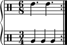 \new PianoStaff <<
\new DrumStaff <<
\drummode {
\set Staff.timeSignatureFraction = 6/8
\set Score.tempoHideNote = ##t \tempo 4 = 120
\repeat volta 2 { tommh4. tommh }
}
>>
\new DrumStaff <<
\drummode {
\set Staff.timeSignatureFraction = 3/4
\repeat volta 2 { tomfh4 tomfh tomfh }
}
>>
>>