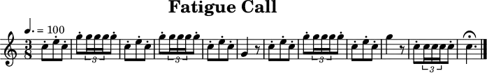 \header {
title = "Fatigue Call"
tagline = ##f
}
\paper {
#(layout-set-staff-size 18)
}
\score {
\relative c'' {
\tempo 4.=100
\key c \major
\time 3/8
\set Staff.midiInstrument = #"french horn"
c8-. e8-. c8-.
g'8-. \times 2/3 { g16 g16 g16 } g8-.
c,8-. e8-. c8-.
g'8-. \times 2/3 { g16 g16 g16 } g8-.
c,8-. e8-. c8-.
g4 r8
c8-. e8-. c8-.
g'8-. \times 2/3 { g16 g16 g16 } g8-.
c,8-. e8-. c8-.
g'4 r8
c,8-. \times 2/3 { c16 c16 c16 } c8-.
c4.\fermata
\bar "|."
}
\layout { }
\midi { }
}