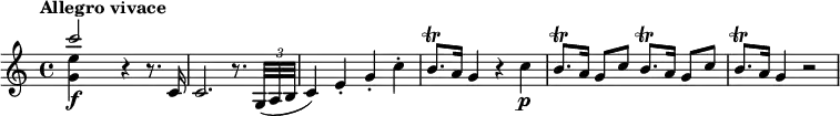 \layout { \set Score.tempoHideNote = ##t }
\relative c''' { \set midiInstrument = "string ensemble 1"
\tempo "Allegro vivace" \tempo 4 = 160
<<
{ c2\f } \\
{ <e, g,>4 s }
>>
r4 r8. c,16 |
c2. r8. \times 2/3 { g32( a b } |
c4) e-. g-. c-. |
b8.\trill a16 g4 r c\p |
\repeat unfold 2 { b8.\trill a16 g8 c } |
b8.\trill a16 g4 r2 |
}
