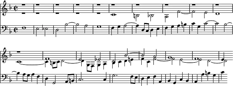 {
<< <<
\new Staff { \clef treble \key f \major \tempo 4=120 \set Staff.midiInstrument = "flute" {
\set Score.tempoHideNote = ##t
\override Score.BarNumber #'transparent = ##t
\time 2/2
\relative c
<< { r1 | r | r | r | r | %5
r | r | r | r | r | %10
r | f'1 | e2 es | d bes'~ | bes a | %15
g1 | f | e4 } \\ { r1 | r | r | r | r | %5
c1 | b2 bes | a f'~ | f e | d1 | %10
c1~ | c4 b8 c d2~ | d4 g,8 f g4 a | bes c d e! | f c f2~ | %15
f e2~ | e d2~ | d } >>
}
}
\new Staff { \clef bass \key f \major \set Staff.midiInstrument = "flute" {
\relative c
{ f1 | e2 es | d bes'~ | bes a | g1 | %5
f4 g a2~ | a4 d,8 c d4 e | f g a b | c g c2~ | c bes~ | %10
bes4 a8 g a4 f | d g,2 a8 b | c2. c4 | g'2. f8 e | d4 e f a, | %15
bes g c bes | a a' b g | c
}
}
}
>> >>
}