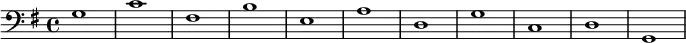 
   {
        \new Staff <<
            \new Voice \relative c' {
                \stemDown \clef bass \key g \major \time 4/4 \tempo 1 = 60 \set Score.tempoHideNote = ##t
                g1 c fis, b e, a d, g c, d g,
                }
            >>
     }
