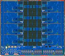 Die-Shot of an AMD Ryzen 5 9600X, mainly in blue, and rather symmetric structure