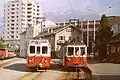 Two railcars at Monthey in 1979. The terminus is now located further out of the town