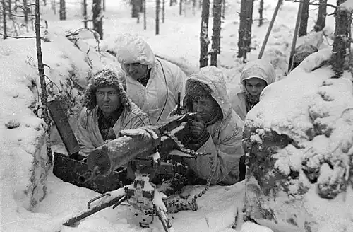 Finnish troops at machine-gun post during the Winter War