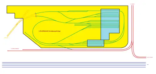 Terminus and depot layout (yellow=underground; green=depot tracks; red=tram tracks; blue=rail tracks)