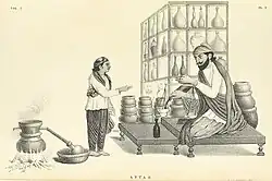 A Punjabi woman in Kurti and suthan visiting the Attar, the pharmacist. 1852