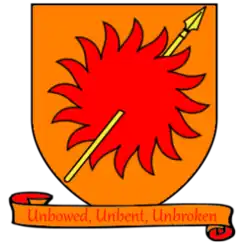 A coat of arms showing a yellow spear piercing a red sun on a field of orange
