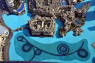 The souk viewed from the Burj Khalifa with the Dubai Fountain surrounding it