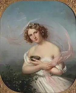 A young girl in a white dress with a pink veil and flowers in her hair, holding a bird's nest with two eggs, 1853