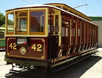 Type&nbsp;B ("toastrack") tram no.&nbsp;42, configured as it was in the inaugural electric fleet of 1909