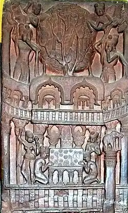 Ashoka's Mahabodhi Temple and Diamond throne in Bodh Gaya, built circa 250 BCE. Bharhut frieze