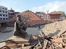 The aftermath of the April 2015 Nepal earthquake; Shiva Parvati Temple located extremely right