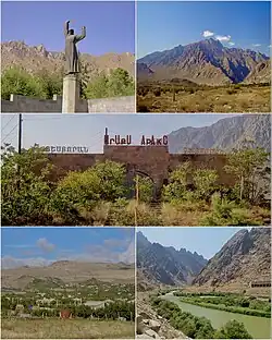 From top left: War Memorial • Mount Kumtal Araks Caravanserai • Town Panorama Araks river and Iran-Armenia Border