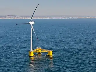 WindFloat, operating at rated capacity (2 MW), approximately 5 km (3 mi) offshore of Agucadoura, Portugal