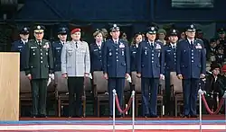 United States Air Force Chief of Staff Gen. Larry D. Welch with Supreme Allied Commander Europe Gen. Bernard W. Rogers and Commander of United States Air Forces in Europe Gen. Charles L. Donnelly Jr. and Commanders of 9th Air Force Gen. William L. Kirk at NATO Allied Air Command Airshow at Ramstein Air Force Base in Frankfurt, Germany, on January 17, 1987.