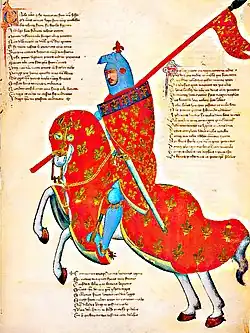 A colourful Medieval image of a man in armour on a horse