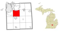 Location within Ingham County (red) with an administered portion of the Okemos CDP (pink)