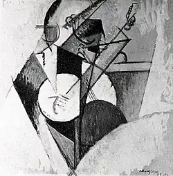Albert Gleizes, 1915, Composition, For "Jazz", Pour "Jazz", oil on board, 73 x 73&nbsp;cm. In a photograph first published in the Xeic York Herald, later reprinted in The Literary Digest, 27 October 1915, Gleizes can be seen at work on this painting