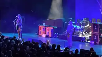 Alkaline Trio performing in Los Angeles in 2021. Left to right: Skiba, Grant, and Andriano