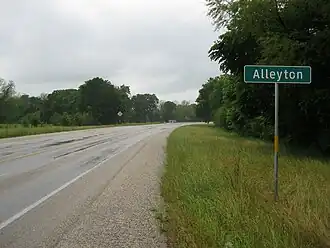 View is looking north along FM 102 at Alleyton.