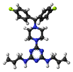 Ball-and-stick model of the almitrine molecule