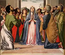 painting of kneeling figures being touched by flames