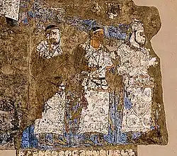 Ambassadors from Chaganian (central figure, inscription of the neck), and Chach (modern Tashkent) to king Varkhuman of Samarkand. 648-651 CE, Afrasiyab murals, Samarkand.[4][5]