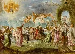 Triumph of the Christ Child by Ambrosius Francken I, 1605–10, Angels carry away the Arma Christi.