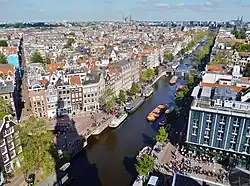 Taken from the top of the Westerkerk church, this image shows the Prinsengracht canal and the rooftops of the buildings in the neighbourhood
