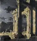 Capriccio of ruins with figures under stormy night sky, oil on canvas