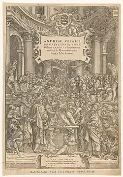 Three Renaissance cartouches (two at the top and one at the bottom) on the frontispiece from On The Fabric of the Human Body, by Andreas Vesalius, 1555, woodcut on paper, Rijksmuseum