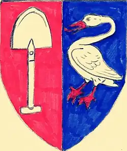 Ancient coat of arms Graeff. The family coat of arms with the silver spade on a red (Von Graben) and silver swan on a blue background (De Grebber) was first documented in 1543 by Jan Pietersz Graeff.[47] (shovel and swan)