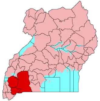 Location of Ankole (red) in Uganda (pink).