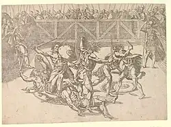 Gladiators fighting in an arena, with soldiers watching. c.1542/43 Etching after Giulio Romano's design for the ceiling of the Sala dei venti, Palazzo del Te, Mantua