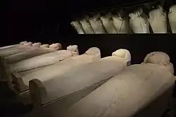 Black and white image of a dark stone coffin viewed laterally, the coffin lies on the ground, the trough and lid are separated with wedges.