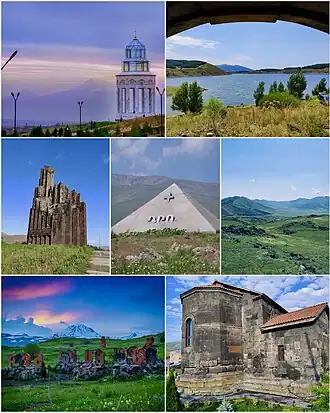 From top left: Holy Angels Church with Mount Aragats Aparan reservoir • Battle of Abaran memorial Mausoleum of Dro • Natural landscape of Aparan Armenian alphabet park • Kasagh Basilica